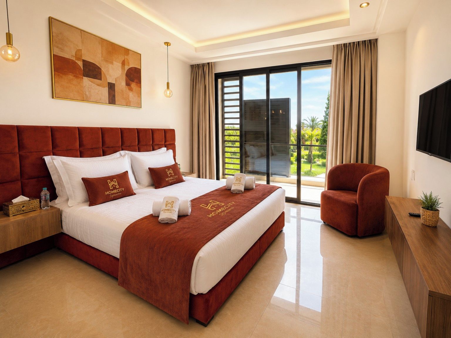 A hotel room with a large bed, a sofa, a TV, and a balcony with curtains.