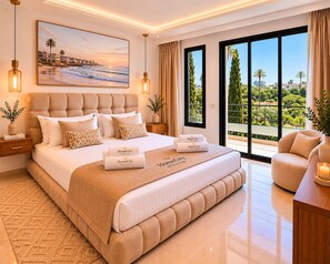 Une chambre à coucher avec un grand lit, une table de chevet, une lampe, un tableau et une vue sur l’extérieur.