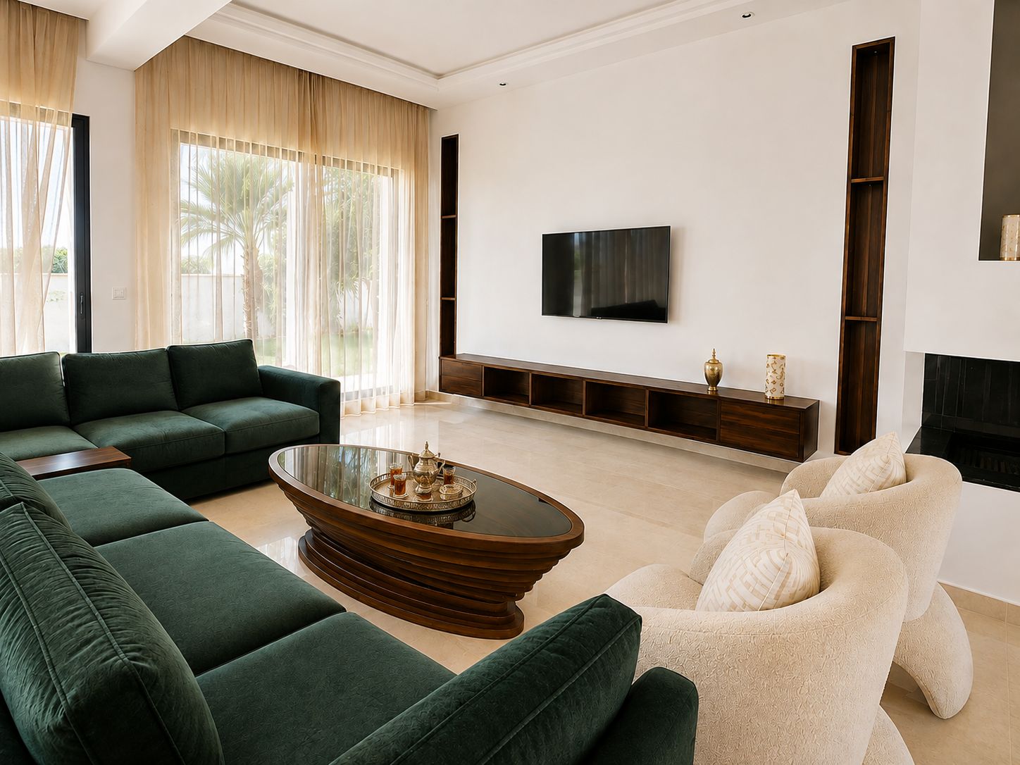 Uma sala de estar moderna com um sofá em forma de L, uma mesa de centro redonda, uma televisão fixada na parede e uma lareira.