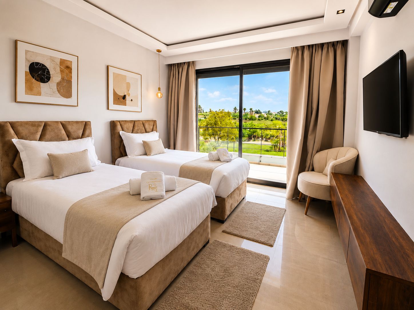 Een hotelkamer met twee bedden, een flatscreen televisie, uitzicht op een groen landschap en een modern design.