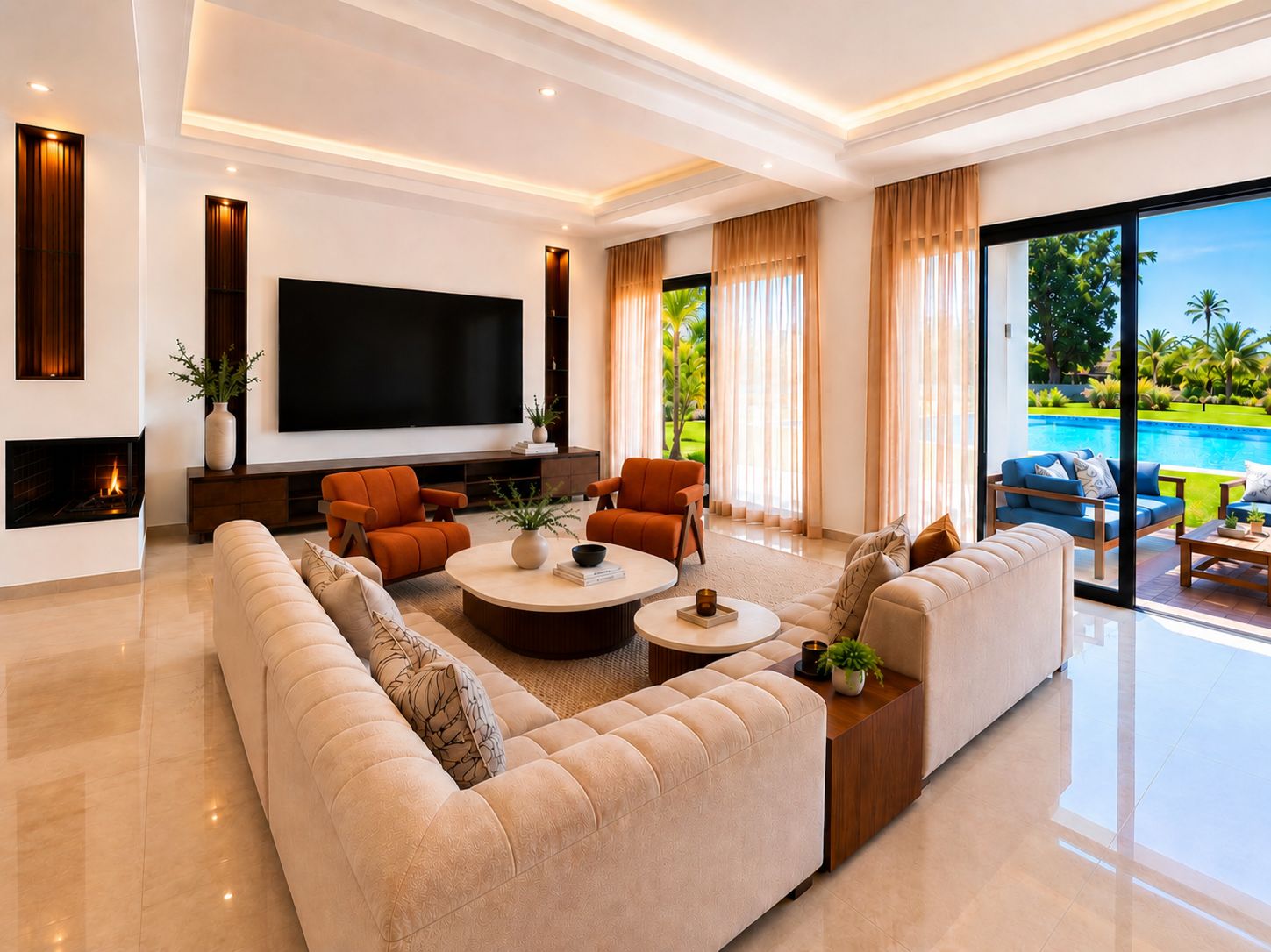 A modern living room with a flat-screen TV, comfortable seating, a fireplace, and a view of a swimming pool.