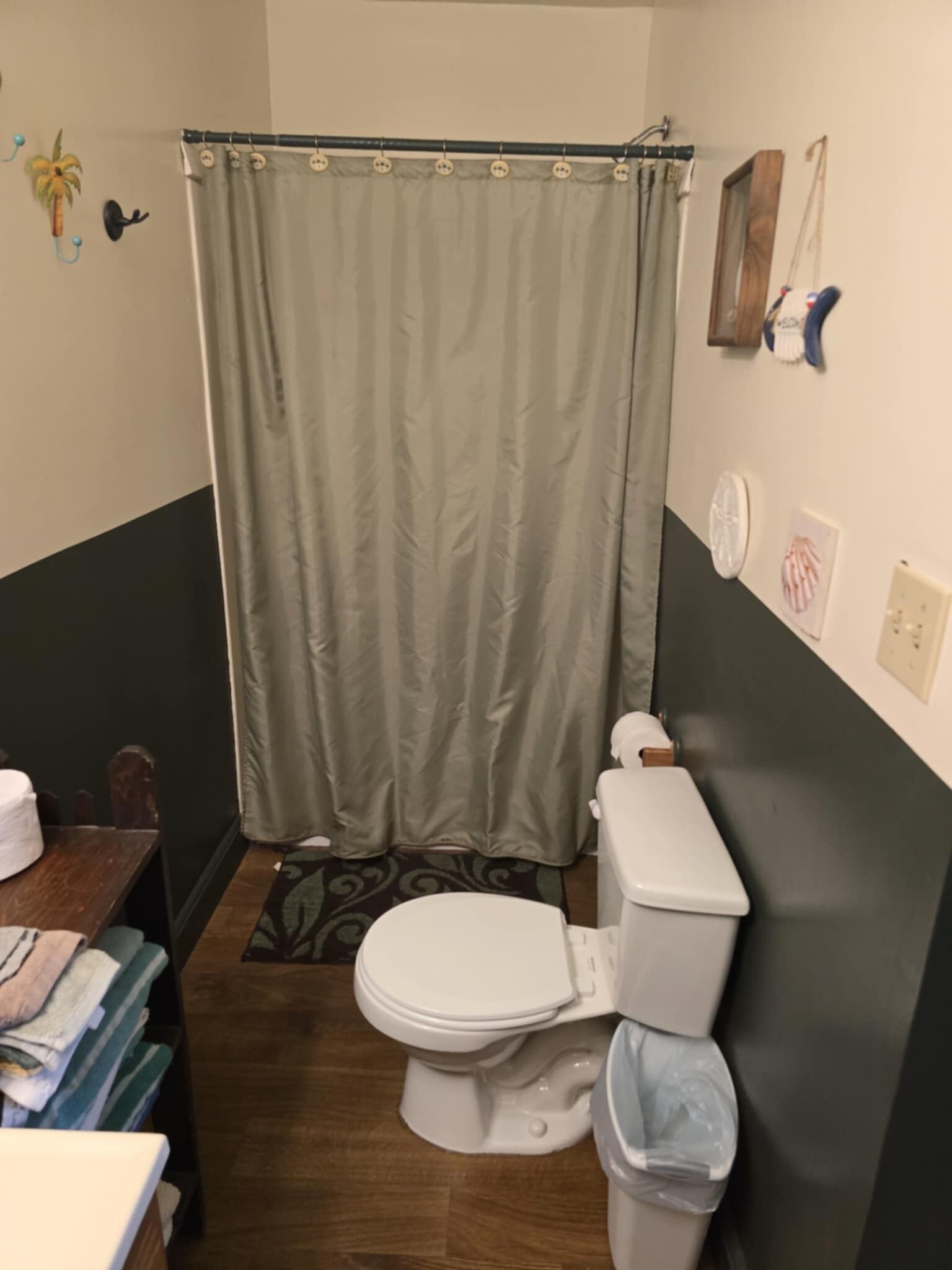 Une salle de bain équipée de toilettes, d’un rideau de douche, d’un tapis et d’un ventilateur fixé au mur.
