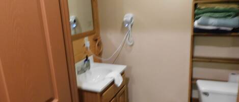 A bathroom with a sink, mirror, and toilet.