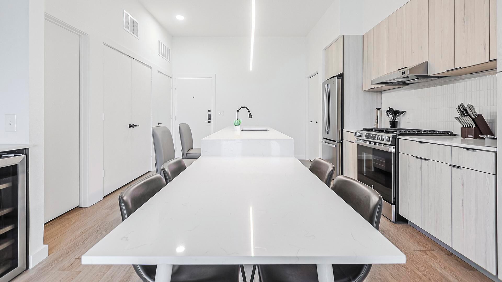 Fridge, dining tables