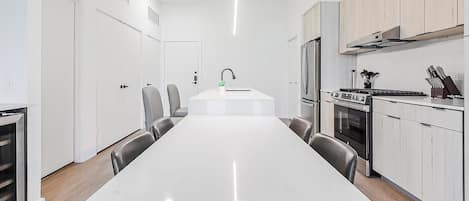 Fridge, dining tables
