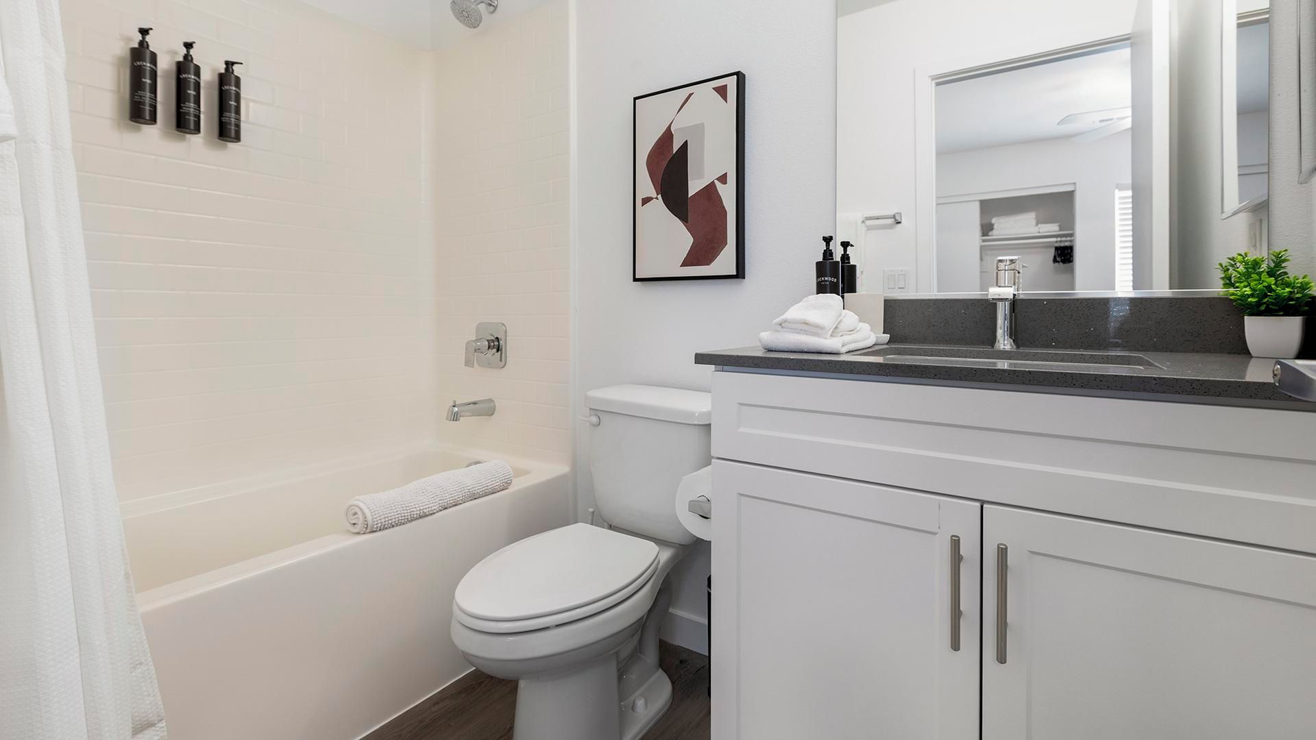 A modern bathroom with a bathtub, toilet, and vanity.