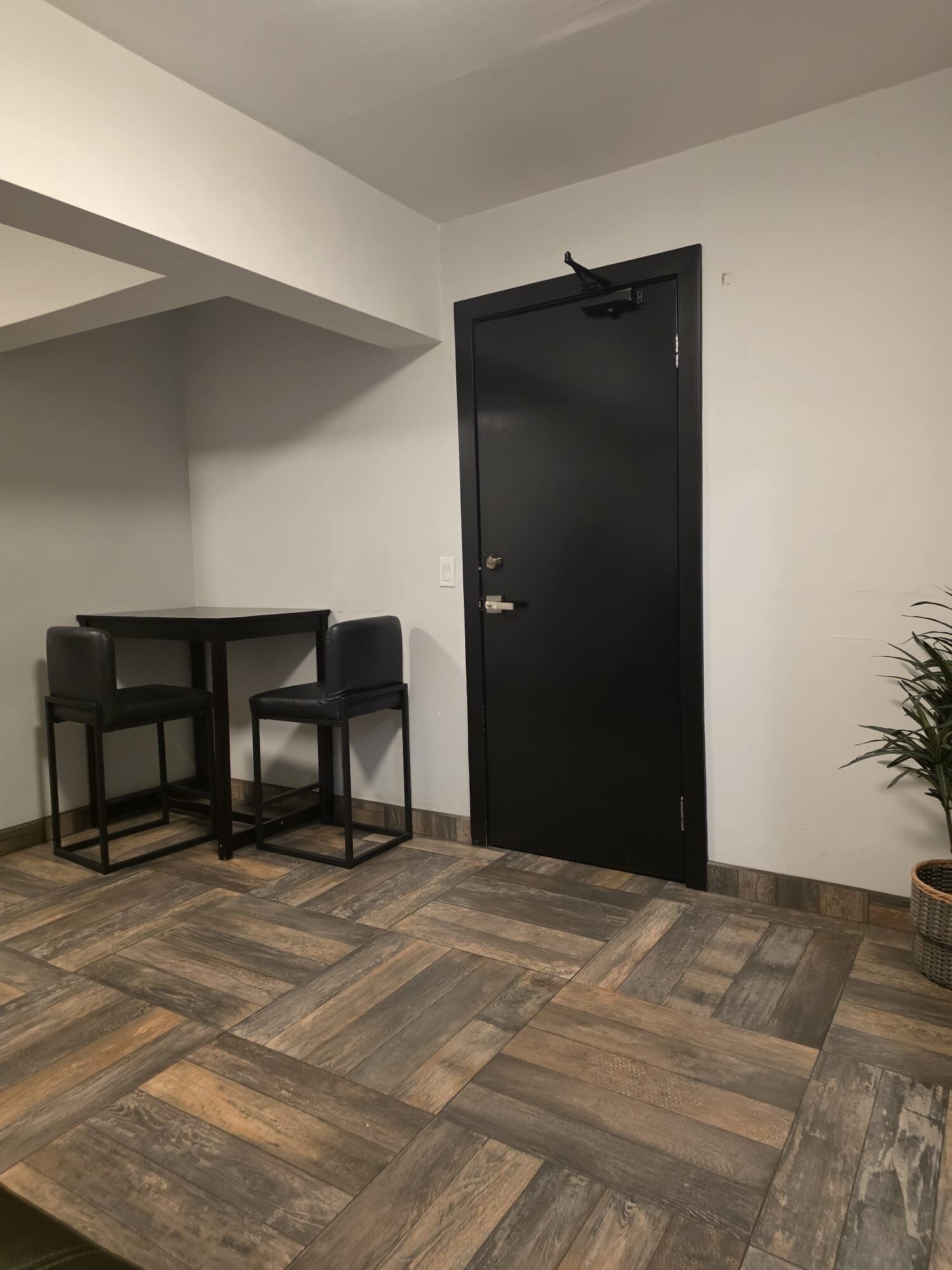 A room with a black door, a small table with two chairs, and a potted plant.
