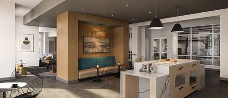 A modern kitchen with a central island, wooden accents, and pendant lighting.