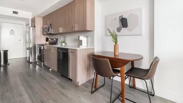 Fridge, dining table