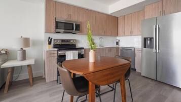Fridge, dining table