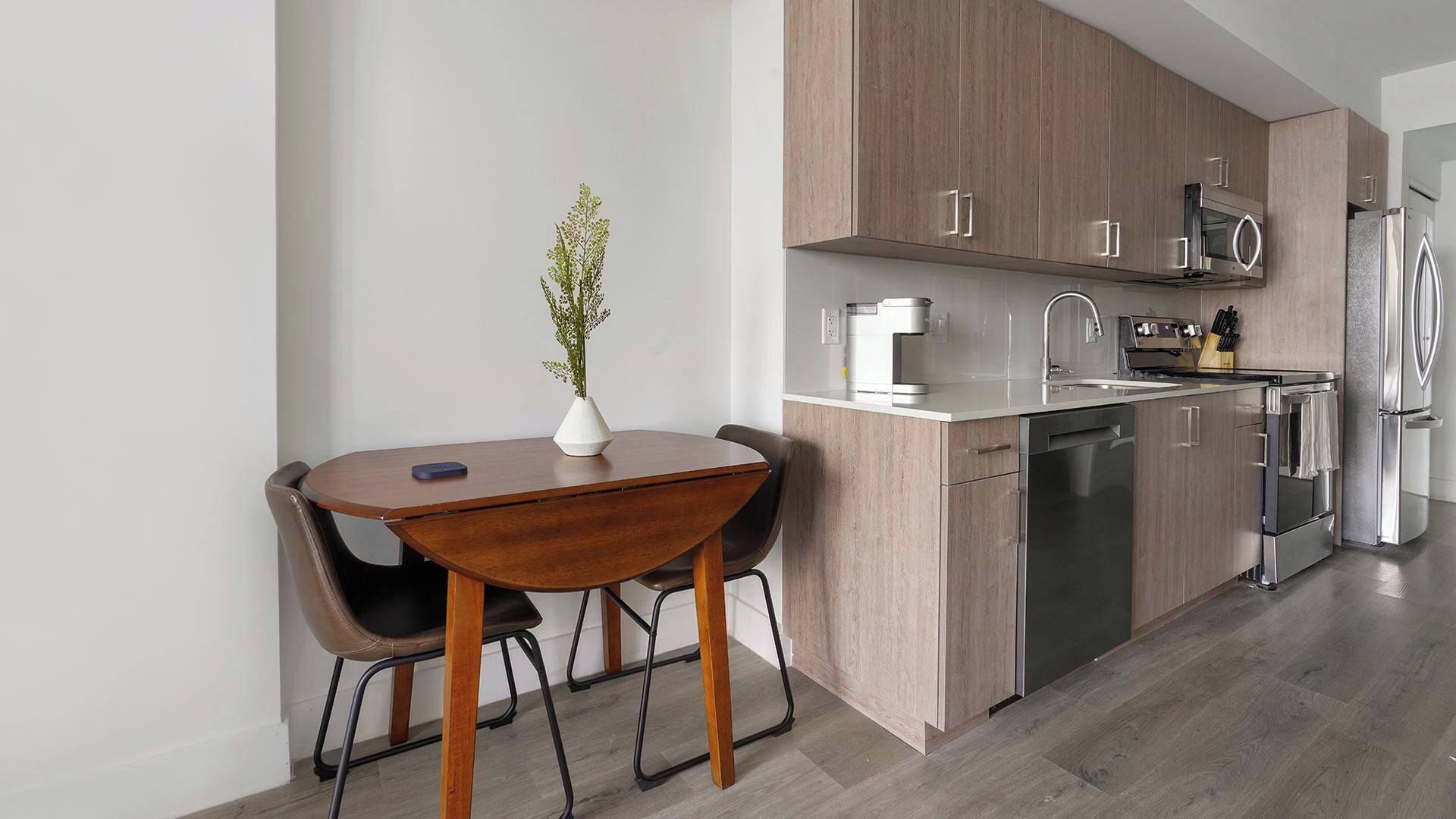 Fridge, dining table