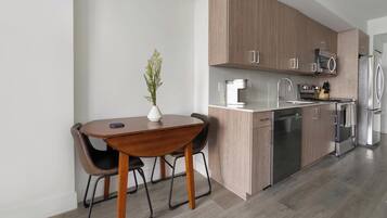 Fridge, dining table