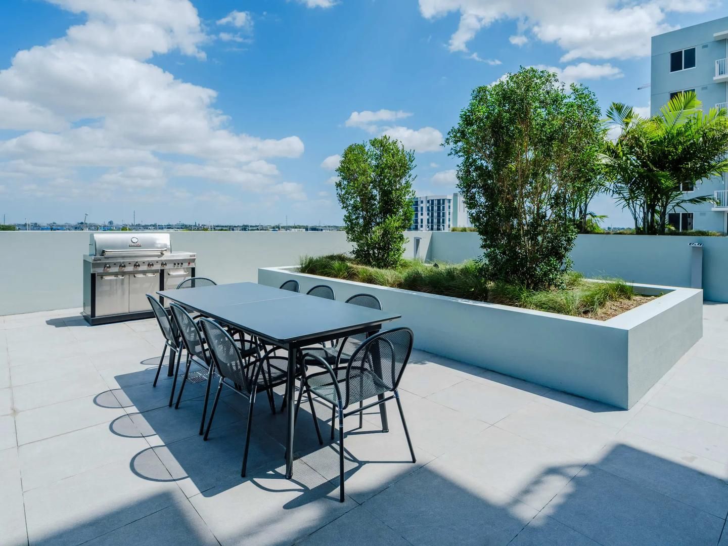 Une terrasse extérieure équipée d’un barbecue, d’une table et de chaises, offrant une vue sur un plan d’eau et sur les bâtiments d’une ville.