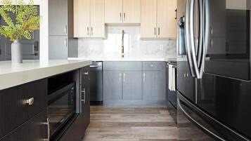 Fridge, dining table