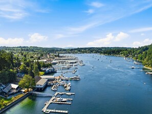 A marina with numerous boats docked, surrounded by a forested landscape. - Luxury Waterfront Home walk to Downtown Gig Harbor (Gig Harbor)