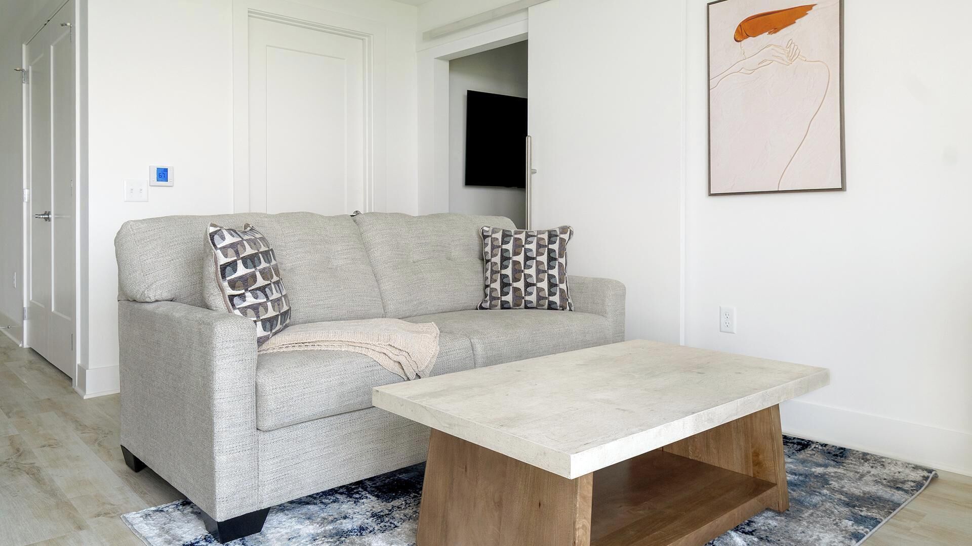 A modern living room with a grey sofa, patterned cushions, a wooden coffee table, and a blue and white rug.