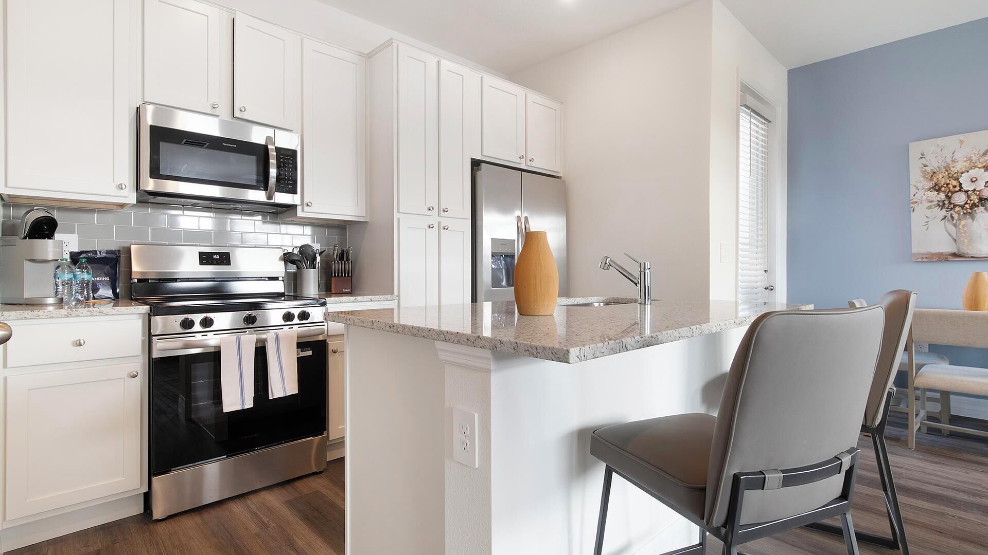 Fridge, dining tables