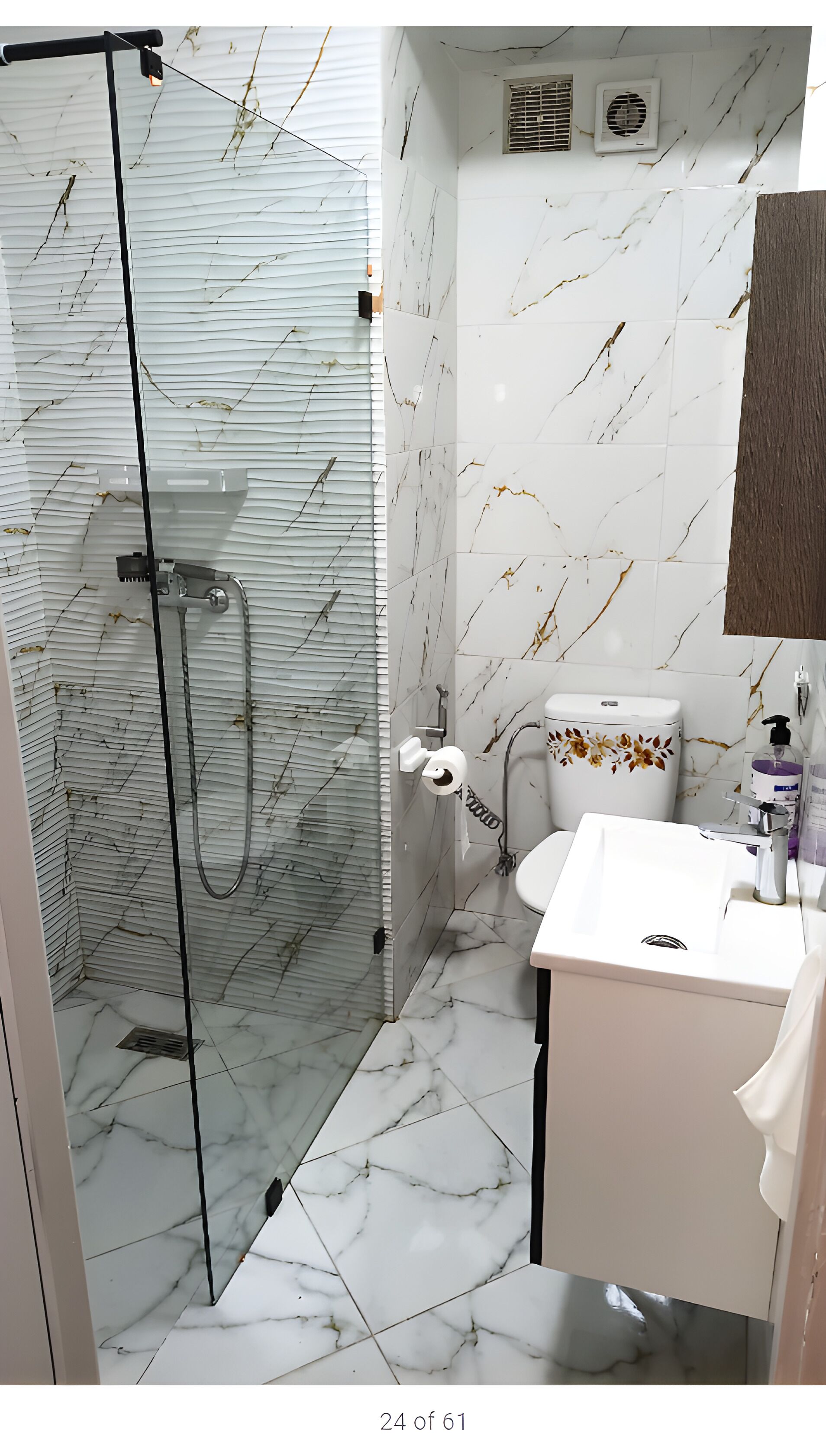Shower, towels, soap, toilet paper