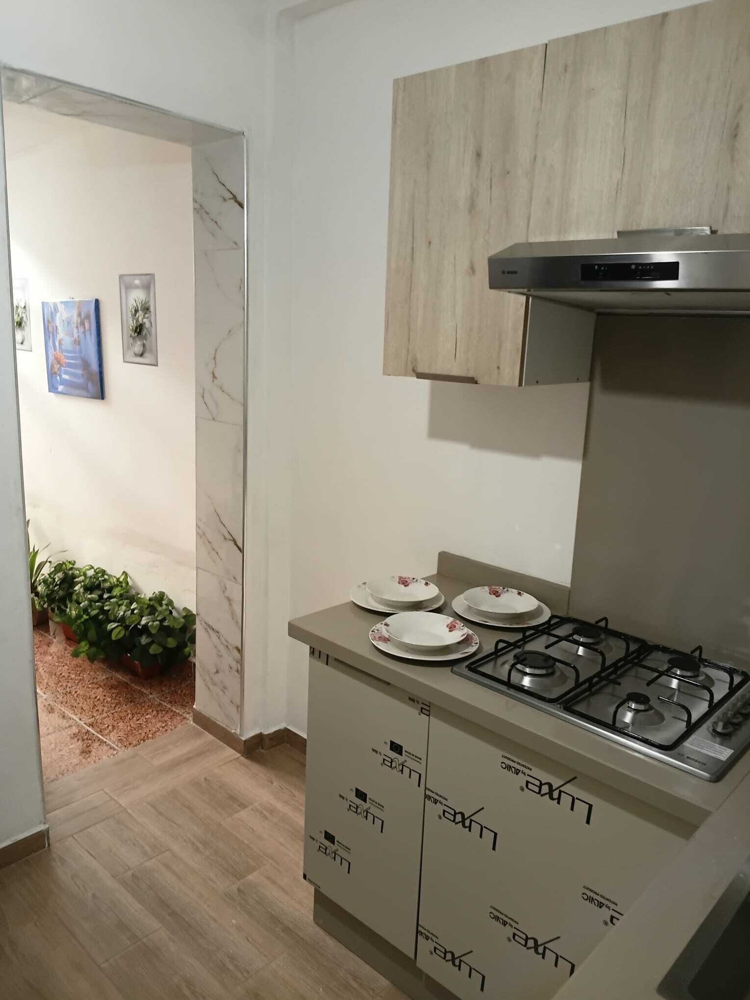 Een koelkast, een oven, een kookplaat, kookgerei, borden en bestek