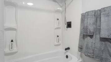 Hair dryer, towels, soap, toilet paper