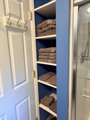A bathroom with a shower, a towel rack, and a blue wall.