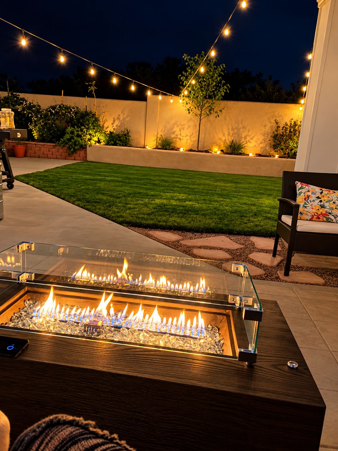 Une terrasse extérieure dotée d’un foyer à verre, de guirlandes lumineuses et d’une zone herbeuse.