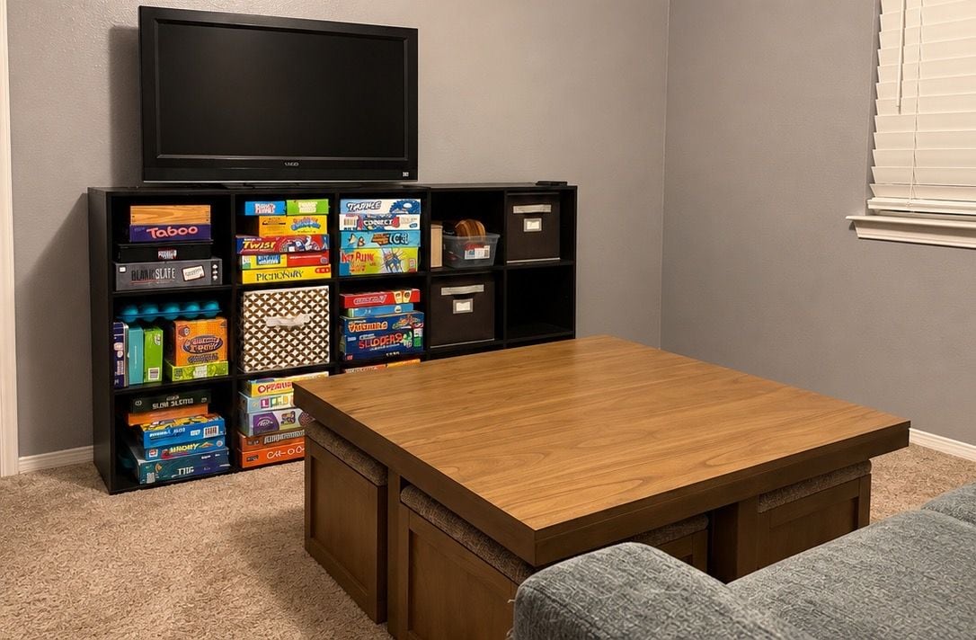 Ein Zimmer mit einem Holztisch, einem an der Wand befestigten Fernseher und einem Bücherregal voller Gesellschaftsspiele.