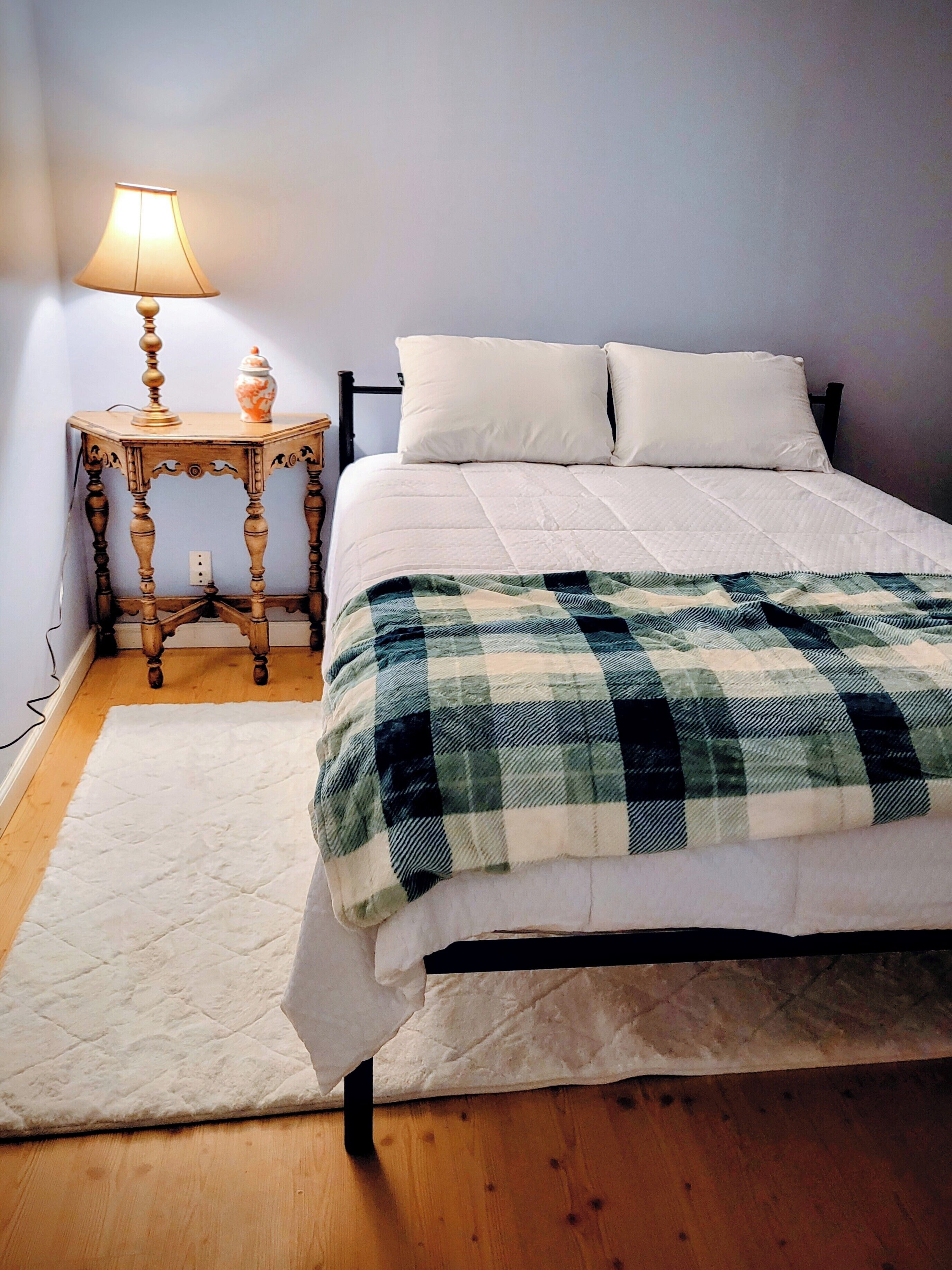A bedroom with a bed, a bedside table with a lamp, and a rug.