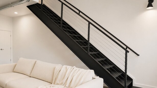 Ein modernes Interieur mit einem weißen Sofa, einer schwarzen Treppe und einer Pendelleuchte.