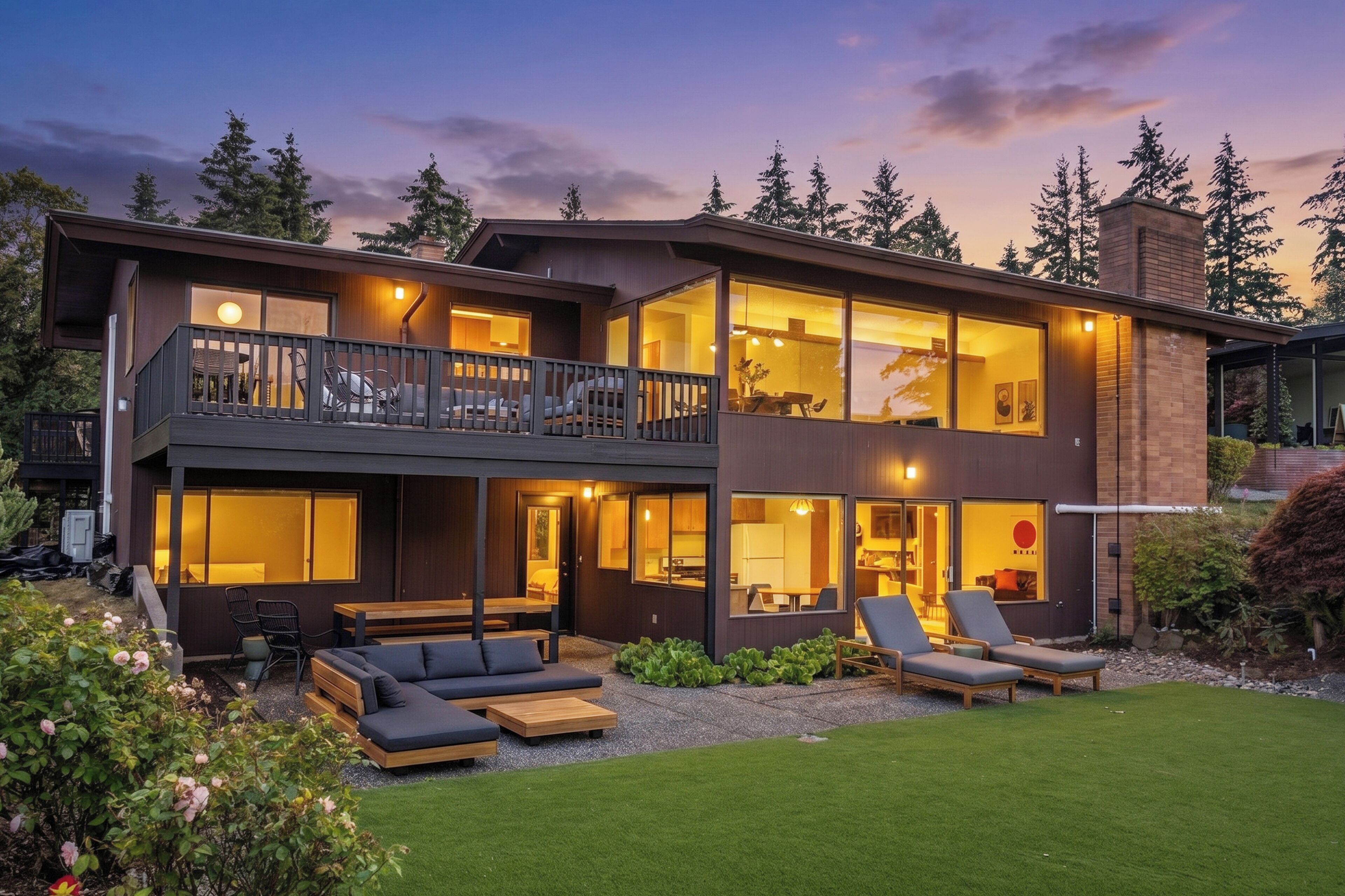 A modern two-story house with a balcony, outdoor seating, and a well-maintained garden.
