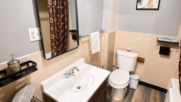 Hair dryer, towels, soap, toilet paper