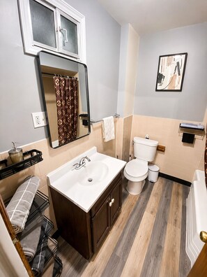 Hair dryer, towels, soap, shampoo