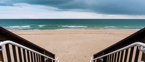 On the beach, sun loungers