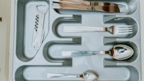A tray with cutlery including a knife, fork, spoon, and a bottle opener.