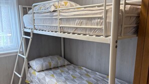 A bunk bed room with a ladder, a window, and a brown rug.