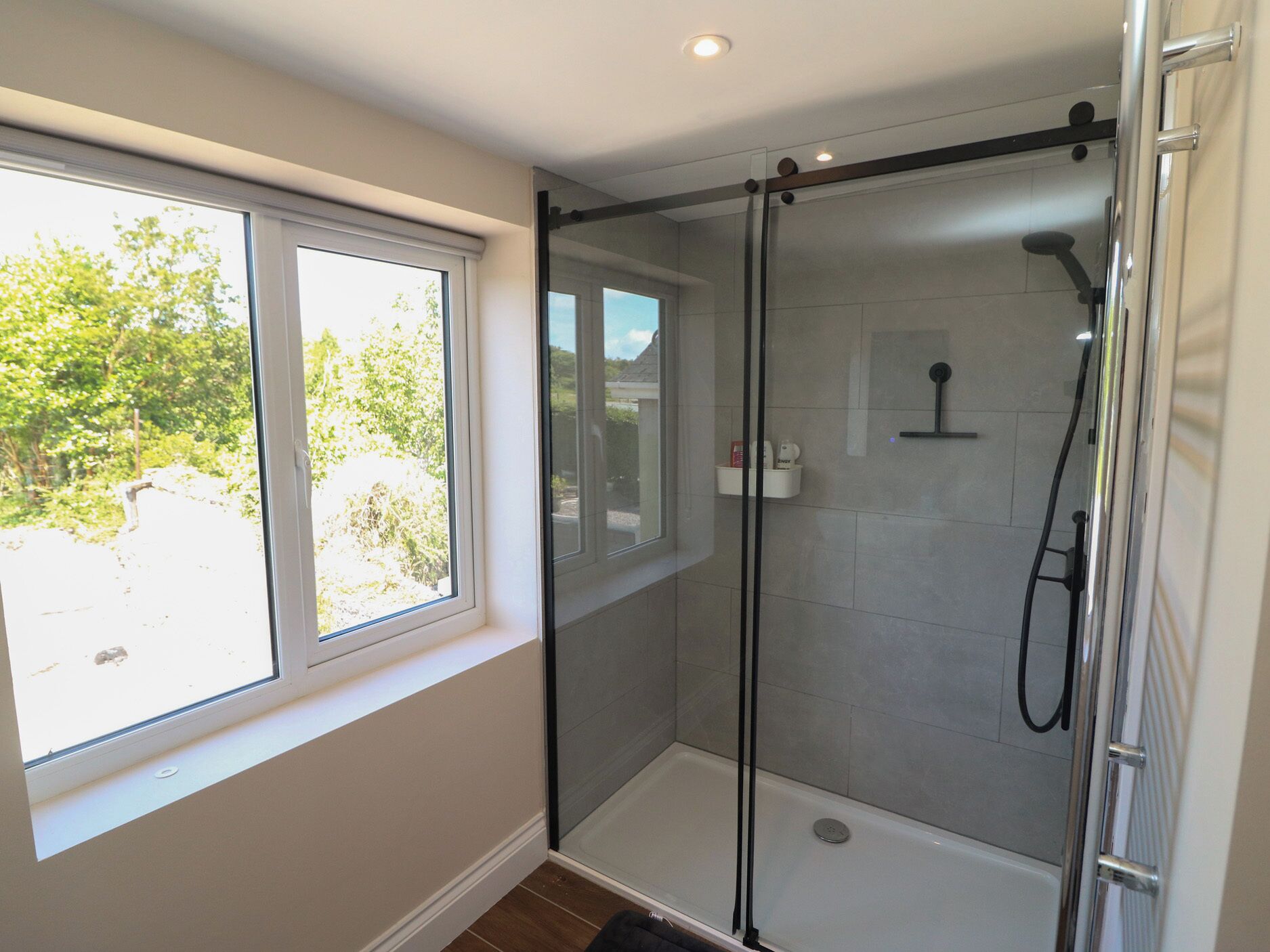 A modern shower room with a glass door, a window, and a view of greenery outside.