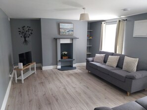 A modern living room with a grey sofa, a flat-screen TV, a fireplace, and a bookshelf. - ABINA'S, family friendly, with a garden in Kenmare, County Kerry (Kenmare)