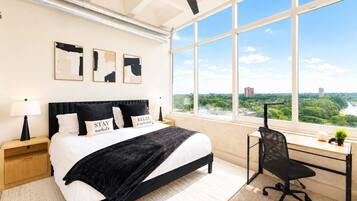 1 bedroom, desk, iron/ironing board, travel cot