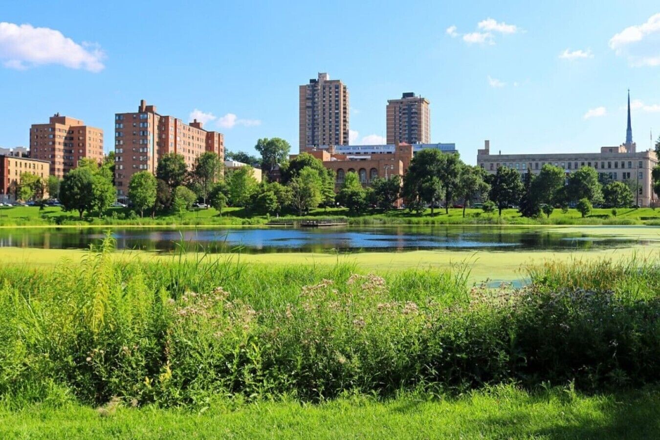 Eine Stadtansicht mit Parkanlage, Teich und mehreren Hochhäusern.