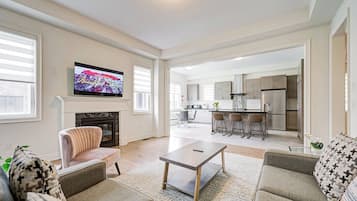 TV, fireplace, books
