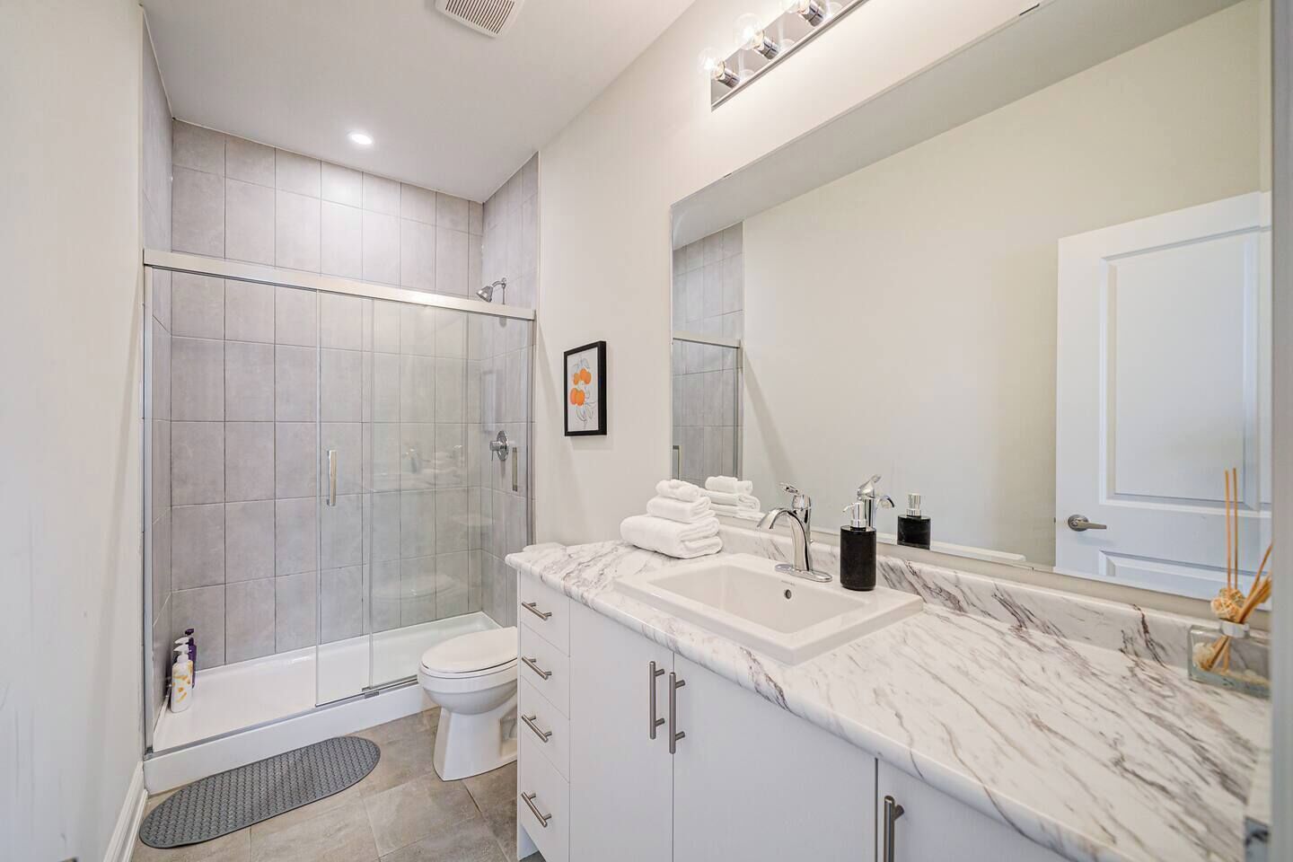 Hair dryer, towels, shampoo, toilet paper