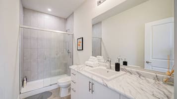 Hair dryer, towels, shampoo, toilet paper