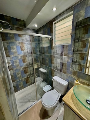 Shower, hair dryer, bidet, towels