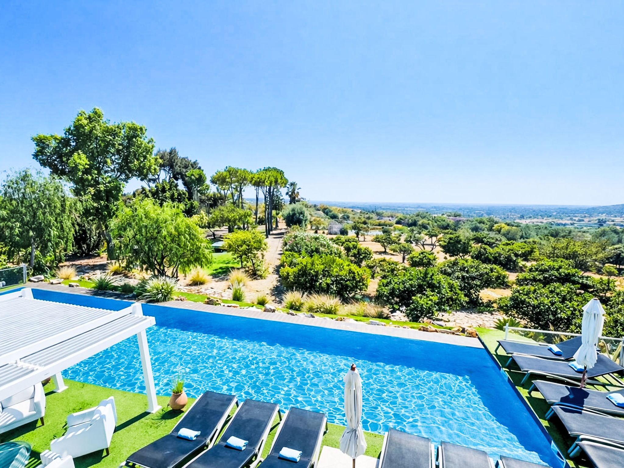 A pool with lounge chairs and a view of a landscaped area with trees and shrubs.