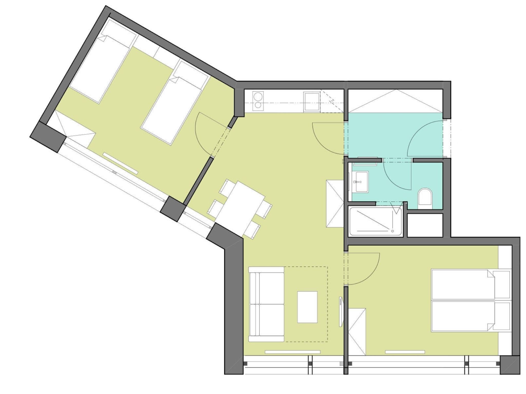 Plano de planta que muestra una cocina, comedor, dos dormitorios, un baño y una sala de estar.