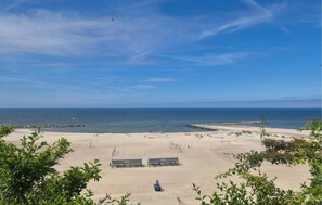 Ein Strand mit blauem Himmel, sandigem Ufer und einigen Personen.
