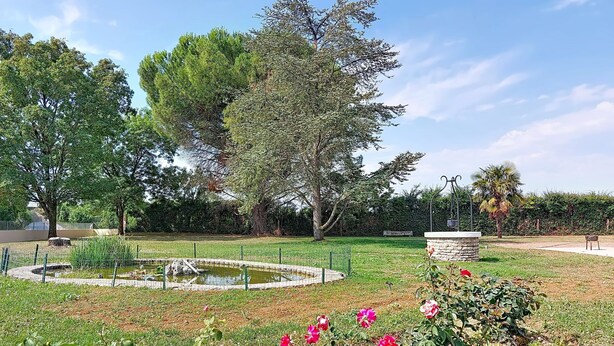 Un parque con un estanque, árboles y un muro de piedra.