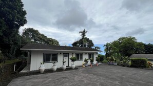 A single-story house with a concrete driveway, surrounded by potted plants and trees.
