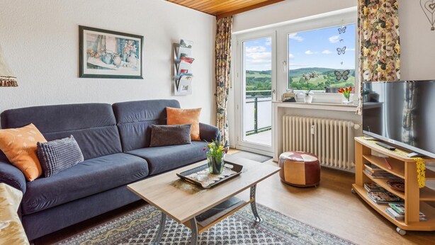 Ein Wohnzimmer mit Sofa, Couchtisch, Fernseher und Blick ins Freie.