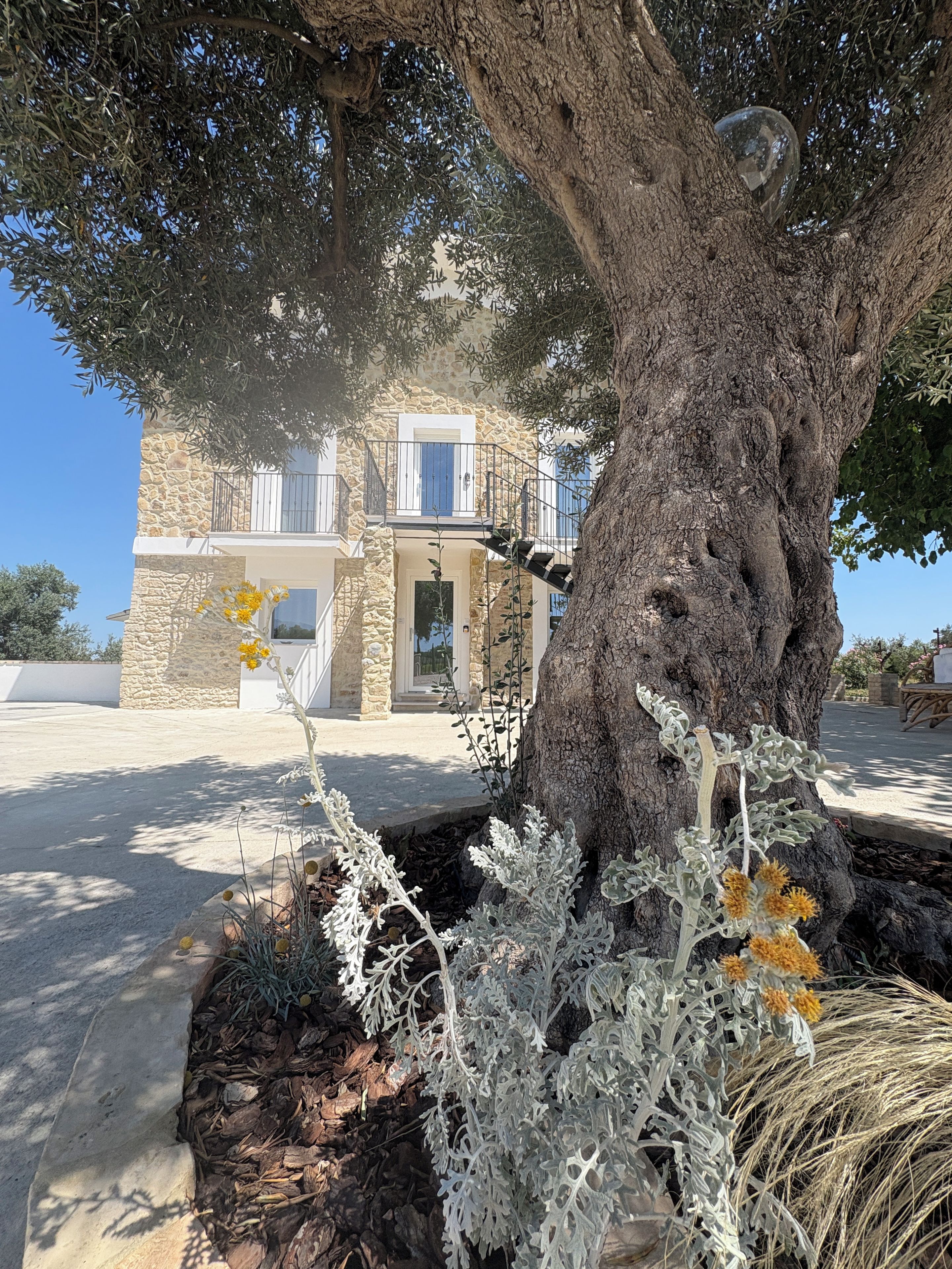 Un edificio in pietra con un balcone, immerso tra alberi e piante.